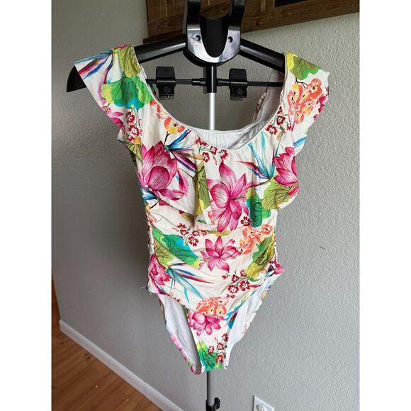 La Blanca Bora Bora Tropical Floral Off-The-Shoulder Ruffle One Piece Swimsuit 4 - Picture 2 of 5